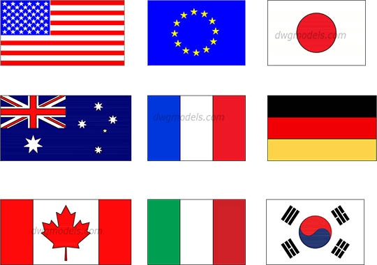 The most famous flags - DWG, CAD Block, drawing