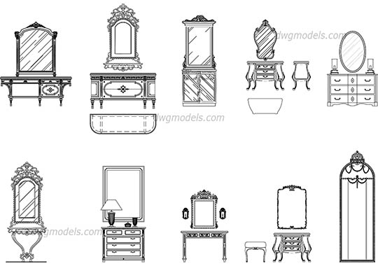 Mirrors and dressers dwg, cad file download free
