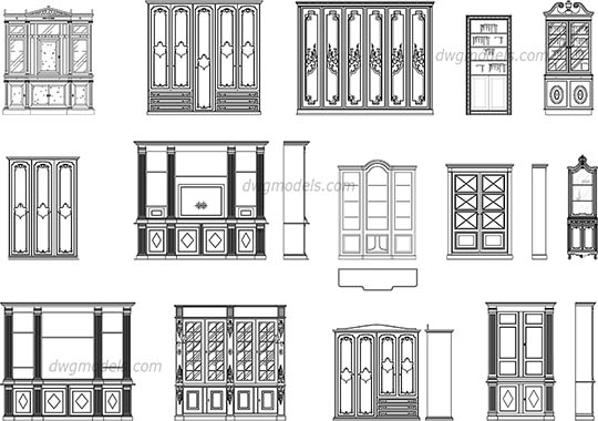 Bookcases elevation, front dwg, cad file download free