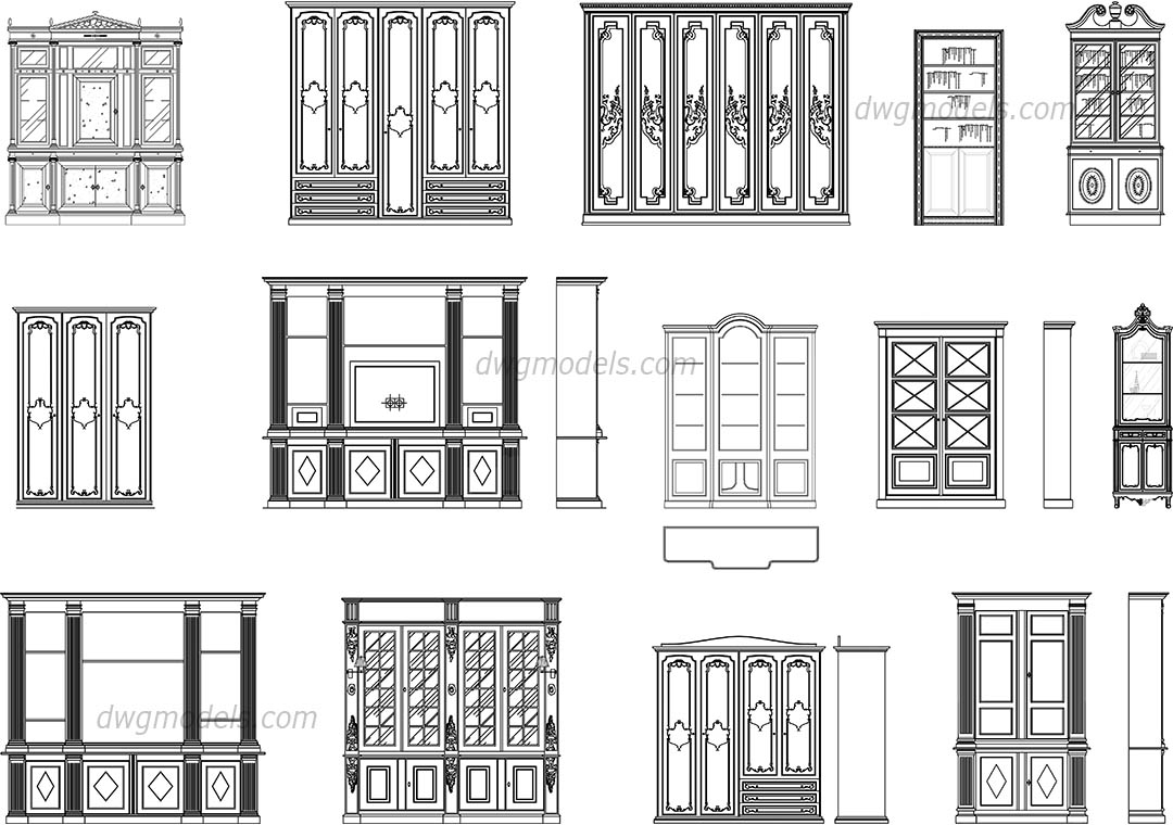 Bookcases elevation, front dwg, CAD Blocks, free download.