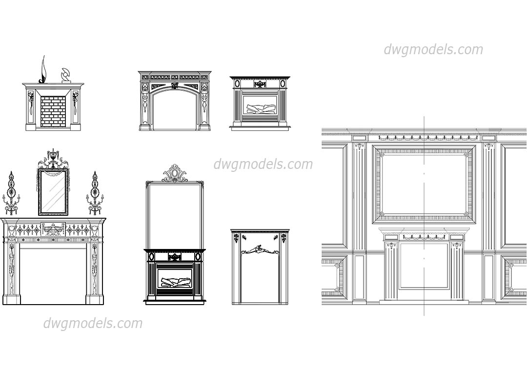 Fireplaces front dwg, CAD Blocks, free download.