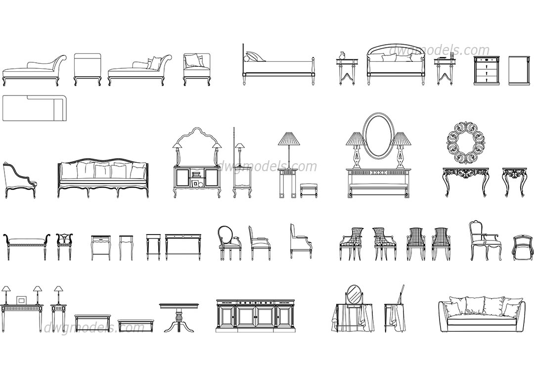 Classic furniture set dwg, CAD Blocks, free download.