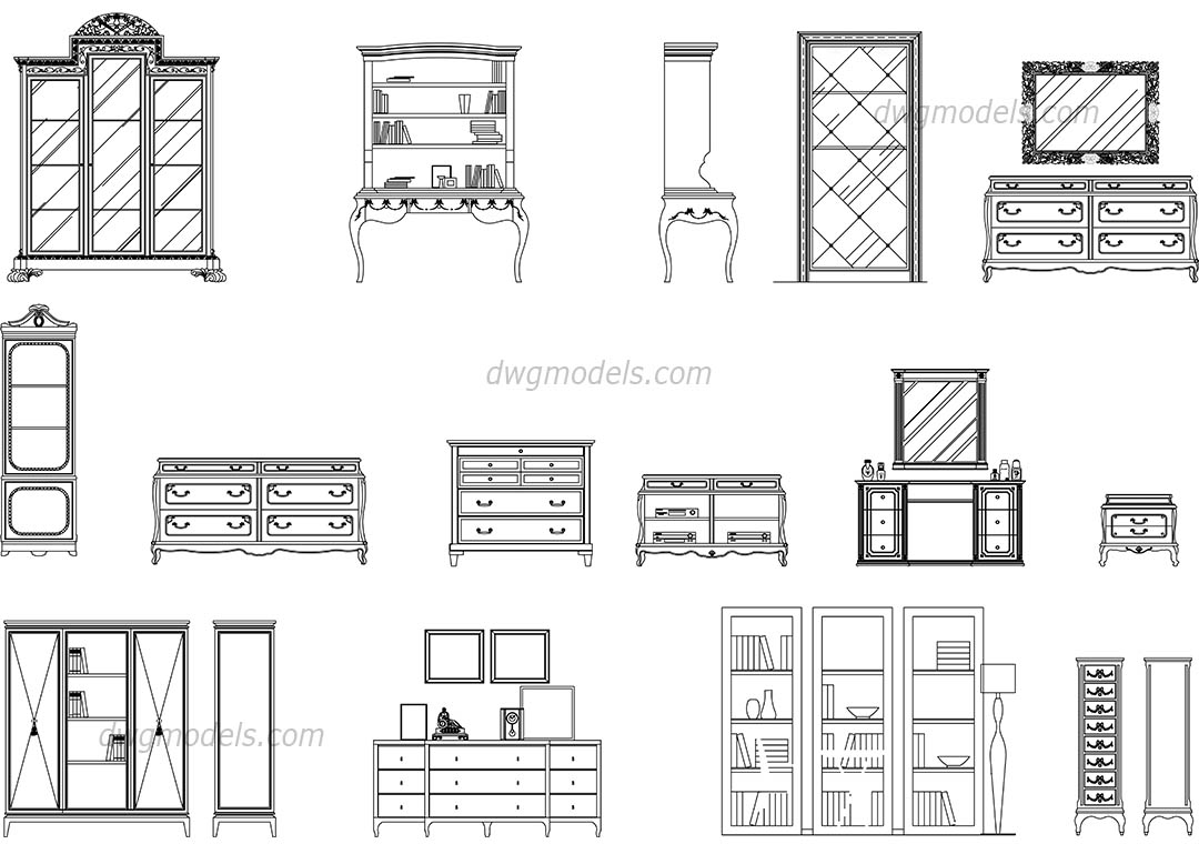 Bookcases and dressers dwg, CAD Blocks, free download.