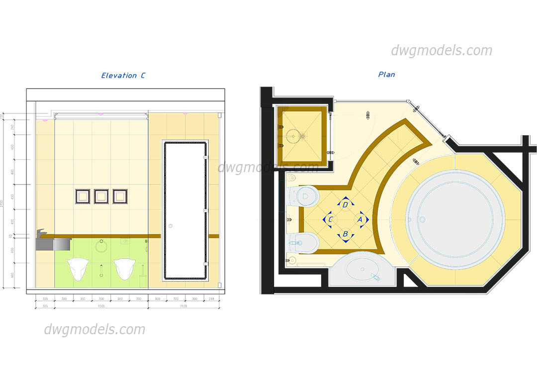 Bathroom in plan dwg, CAD Blocks, free download.