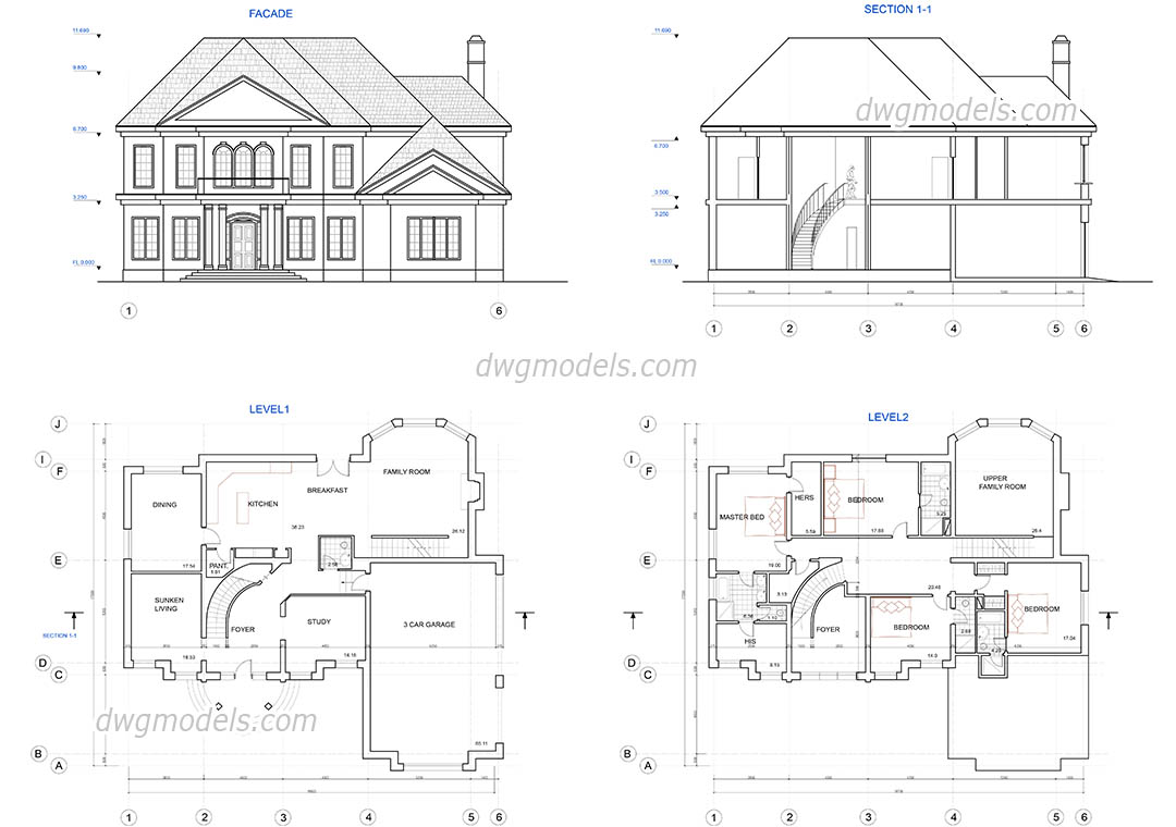 Two story house plans dwg, CAD Blocks, free download.