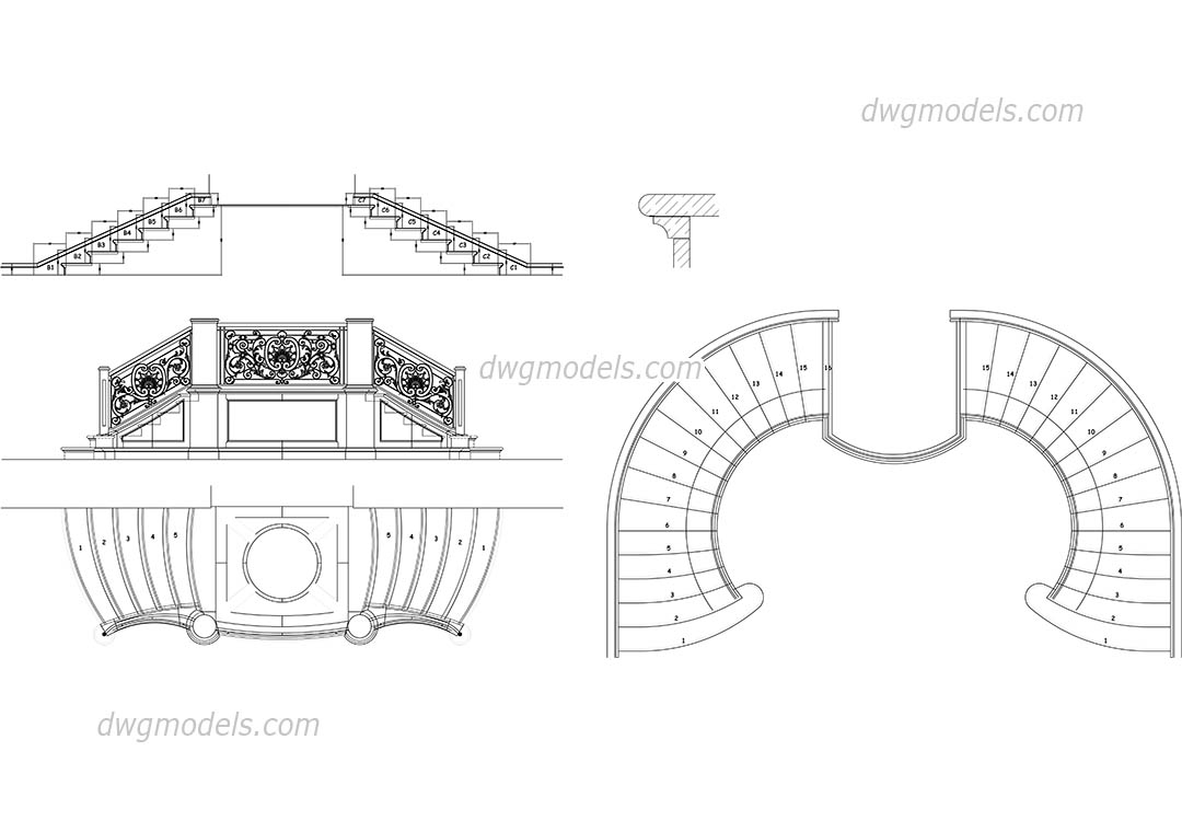 Baroque staircase dwg, CAD Blocks, free download.