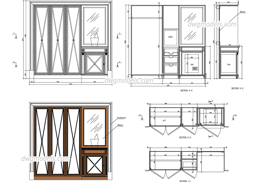 Wardrobe with bar and safe dwg, CAD Blocks, free download.