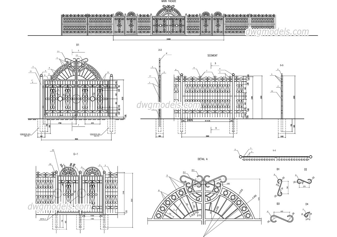 Street fences and gates dwg, CAD Blocks, free download.