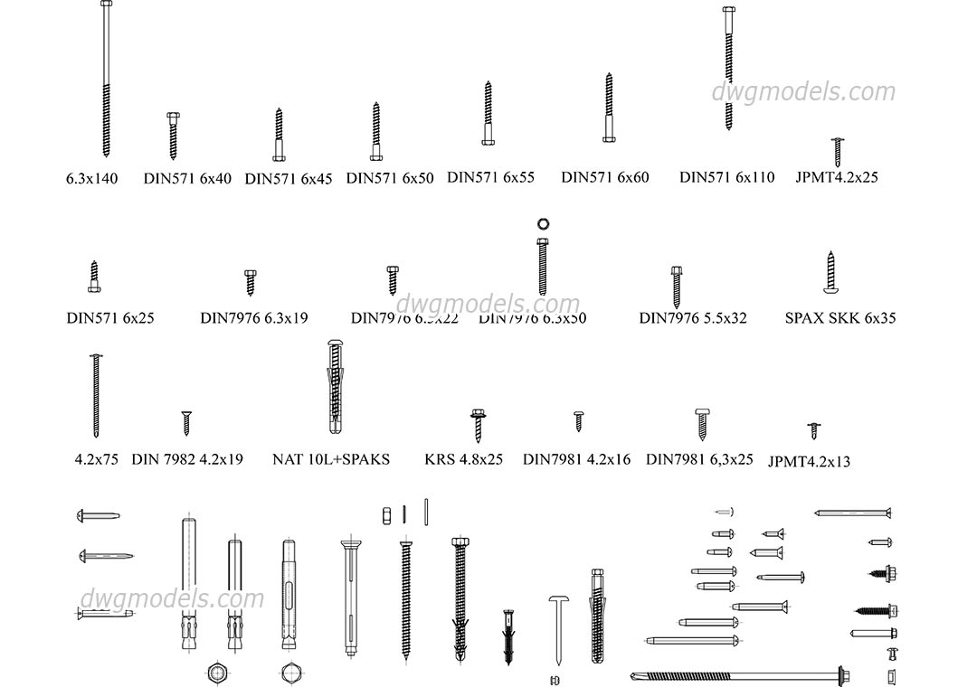 Screws dwg, CAD Blocks, free download.