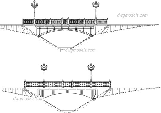 Bridge with street lights elevation - DWG, CAD Block, drawing