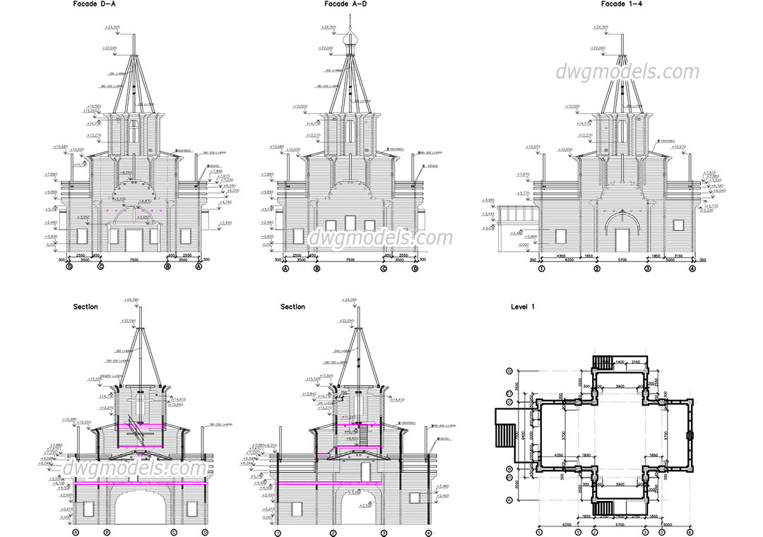 Wooden church dwg, CAD Blocks, free download.