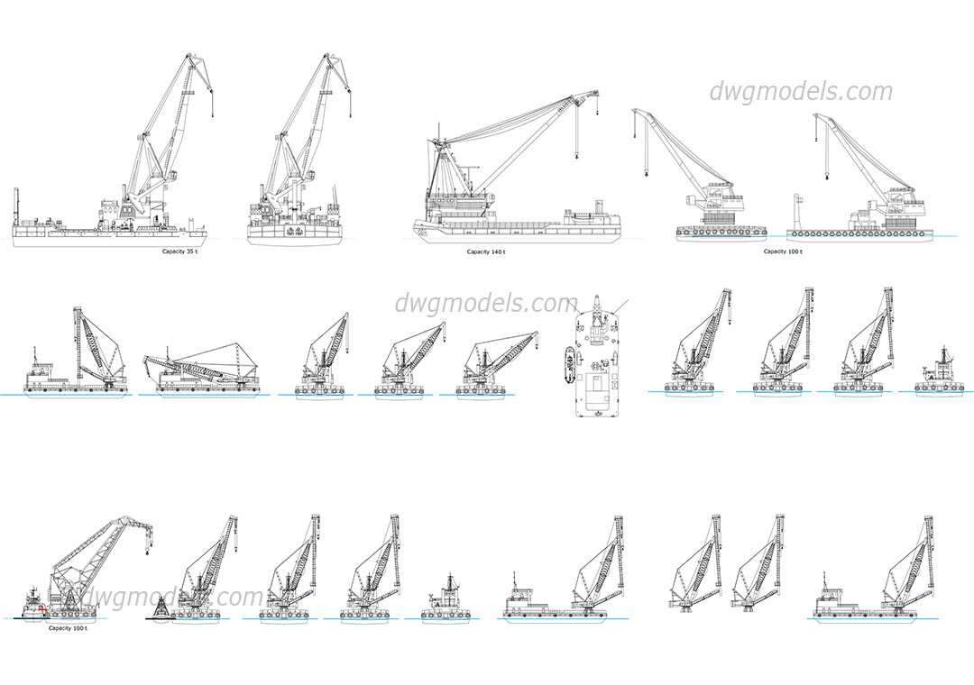 Floating cranes dwg, CAD Blocks, free download.
