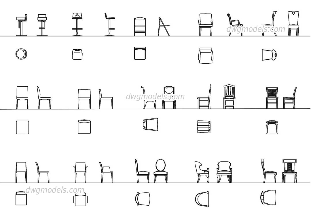 Chairs all projections dwg, CAD Blocks, free download.