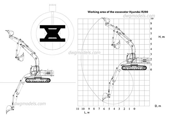 Excavator Hyundai R290 dwg, cad file download free