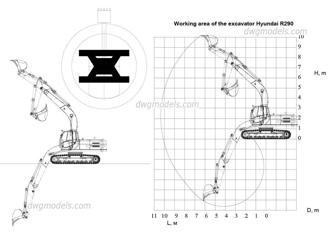 Excavator Hyundai R290 dwg, CAD Blocks, free download.