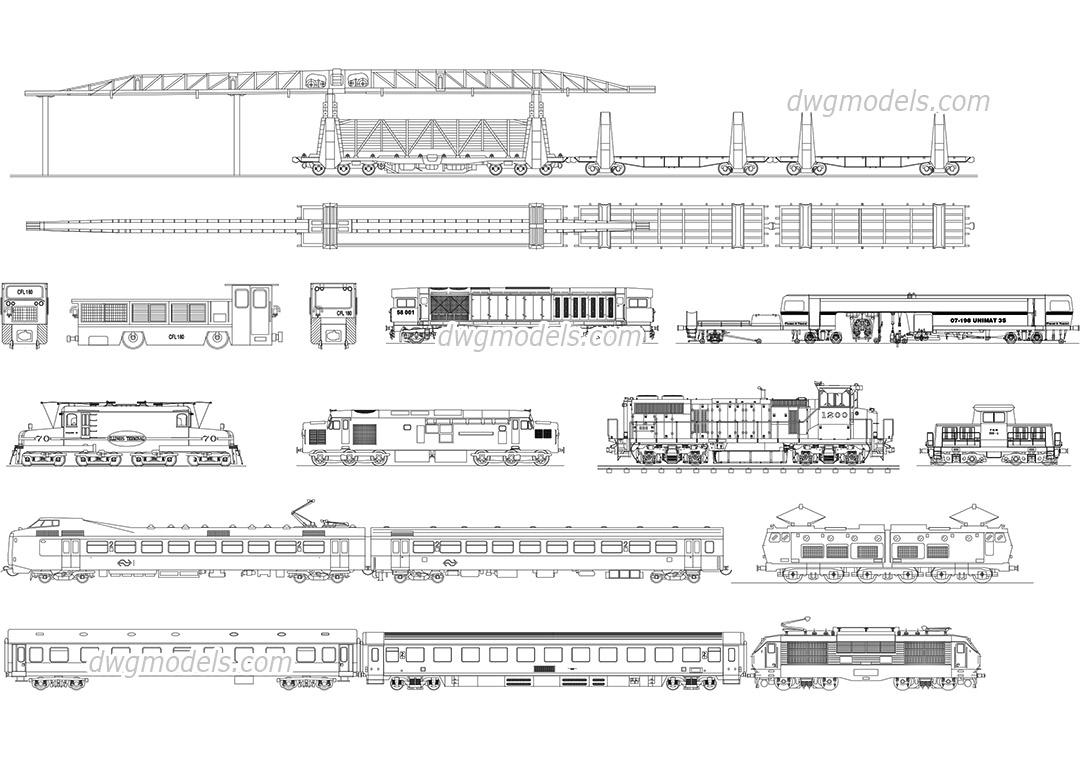 Railway Locomotives and Cars dwg, CAD Blocks, free download.
