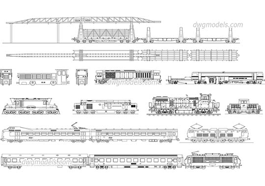 Railway Locomotives and Cars - DWG, CAD Block, drawing