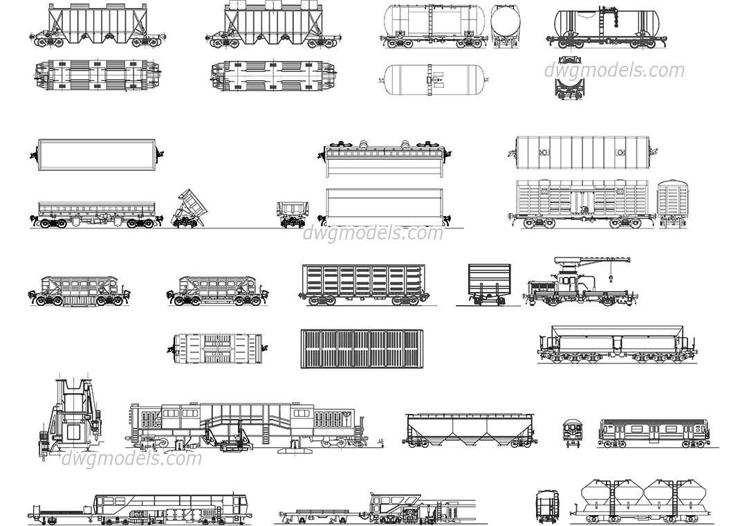 Types of railcars dwg, CAD Blocks, free download.