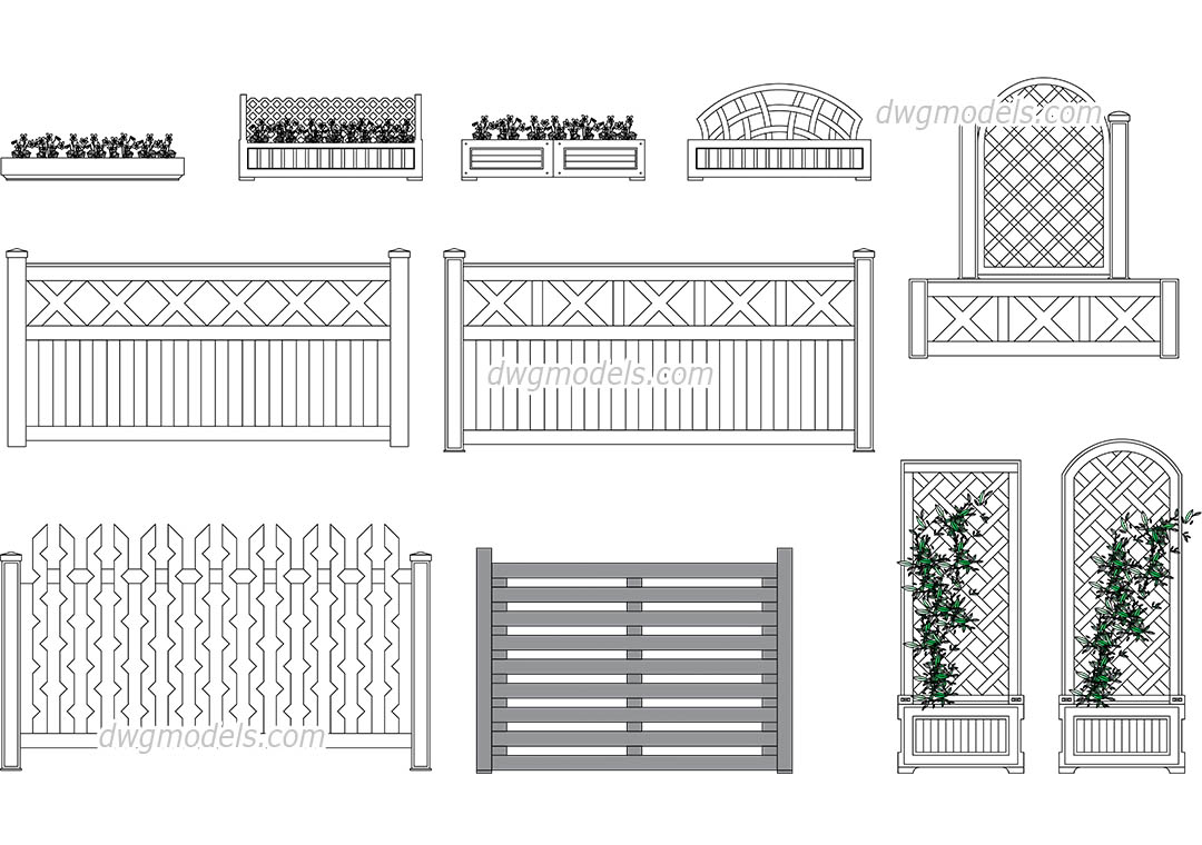 Flower bed and wooden fences dwg, CAD Blocks, free download.