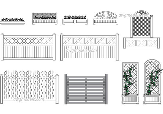 Flower bed and wooden fences dwg, cad file download free