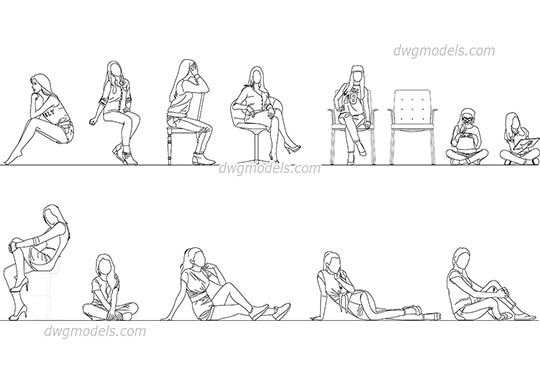 Sitting Girls - DWG, CAD Block, drawing