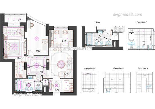 Two Bedroom Flat - DWG, CAD Block, drawing