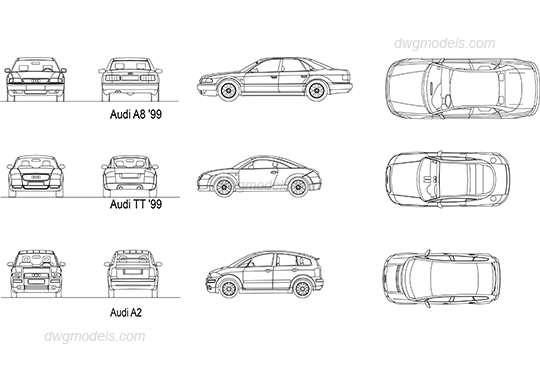 Audi A8, TT, A2 dwg, CAD Blocks, free download.