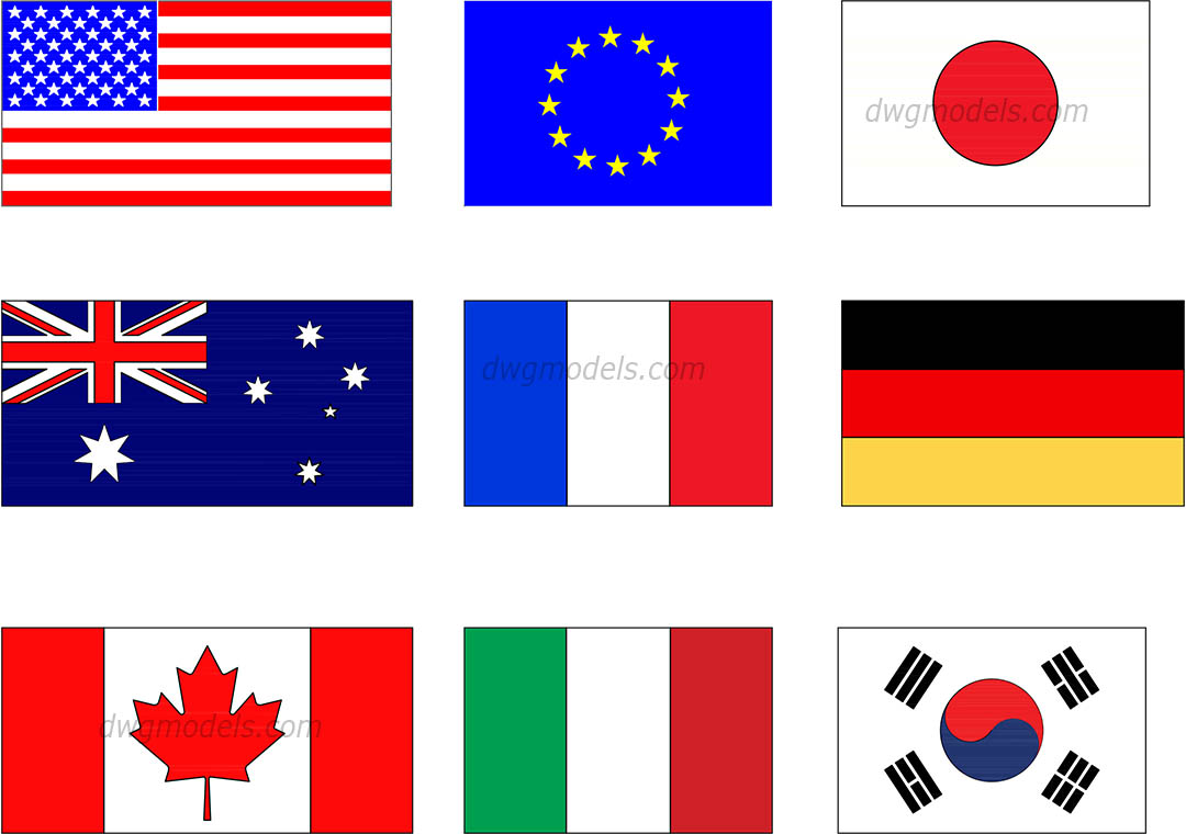 The most famous flags dwg, CAD Blocks, free download.