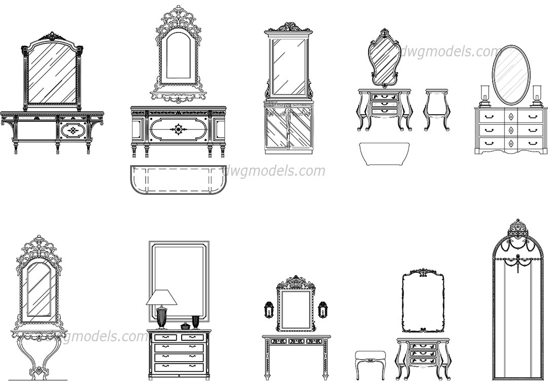 Mirrors and dressers dwg, CAD Blocks, free download.