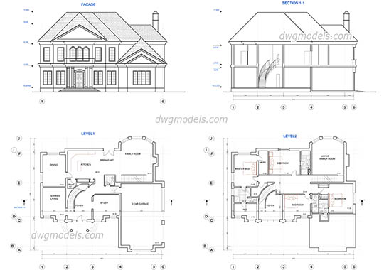 Two story house plans free dwg model