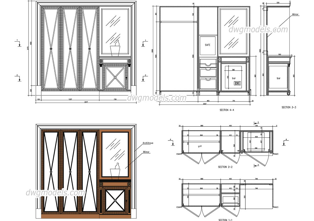 Wardrobe with bar and safe DWG, free CAD Blocks download