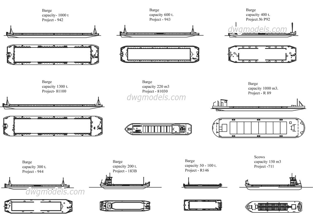 Barges and scows dwg, CAD Blocks, free download.