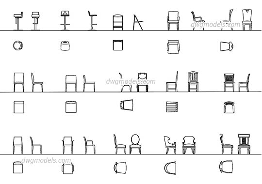 Chairs all projections free dwg model