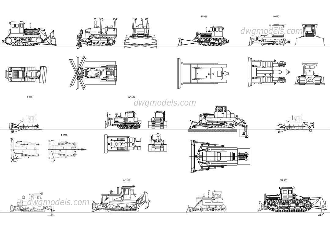 Russian Crawler tractors and Bulldozers dwg, CAD Blocks, free download.