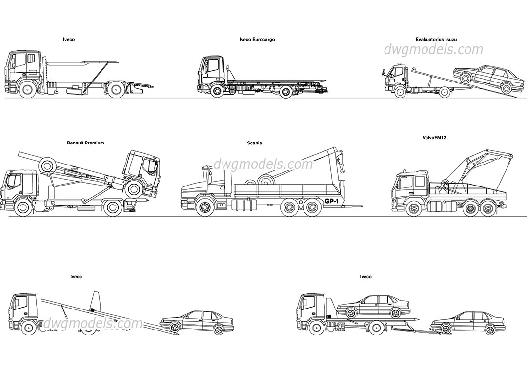 Tow trucks dwg, CAD Blocks, free download.