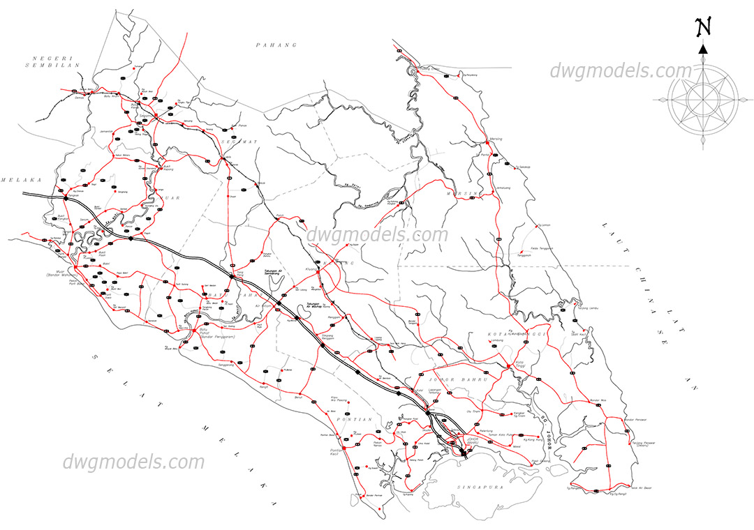 Map of Johor in Malaysia dwg, CAD Blocks, free download.