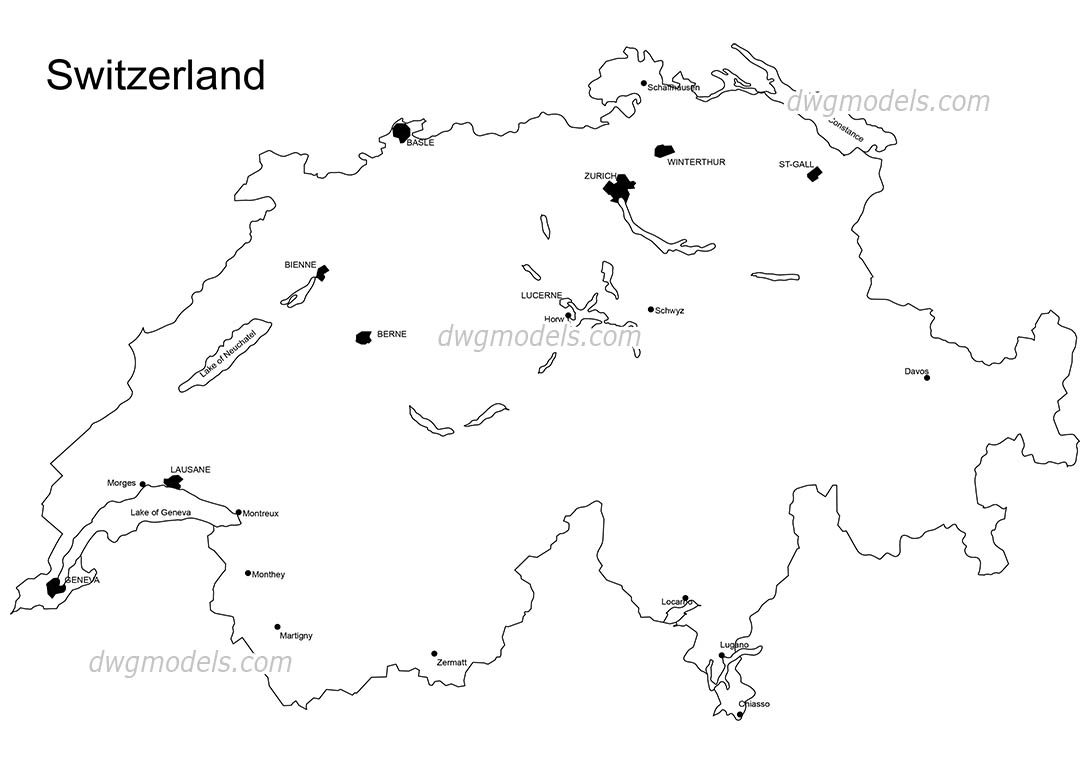 Map of Switzerland dwg, CAD Blocks, free download.