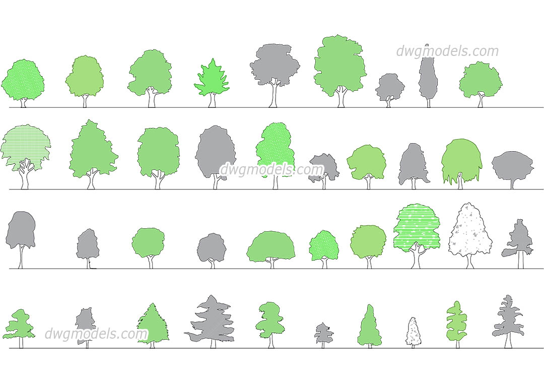 Trees Side View DWG, AutoCAD Blocks, 2D Vegetation Models, 45% OFF