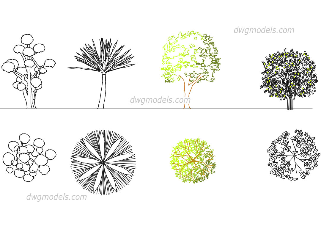 Ornamental trees dwg, CAD Blocks, free download.