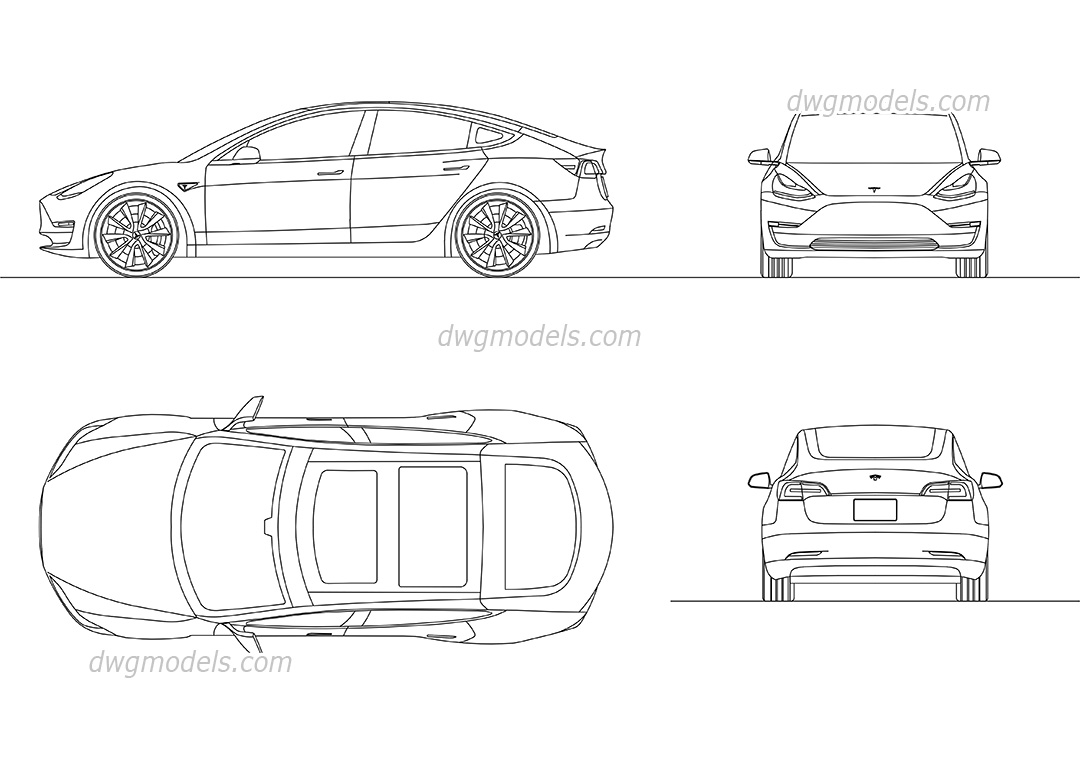 Tesla Model 3 dwg, CAD Blocks, free download.