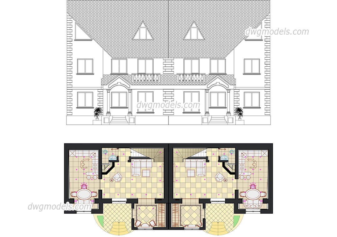 Semi-detached house 1 dwg, CAD Blocks, free download.