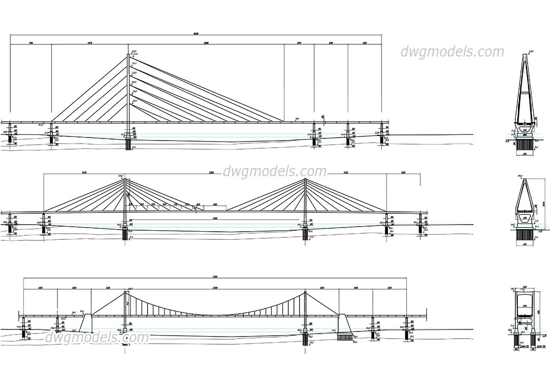 Cable Stayed Bridge Elevation And Sections Cad Template Dwg Cad 