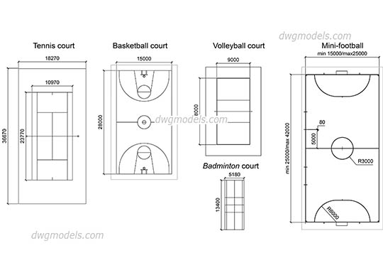 Sports Сourts dimensions - DWG, CAD Block, drawing