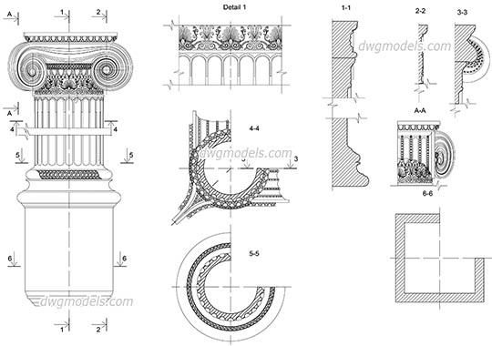 Ionic corner pilaster details - DWG, CAD Block, drawing