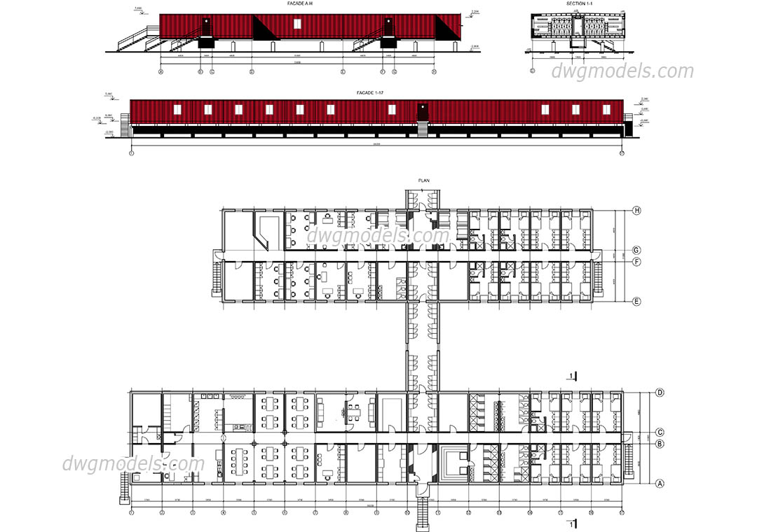 Modular housing dwg, CAD Blocks, free download.