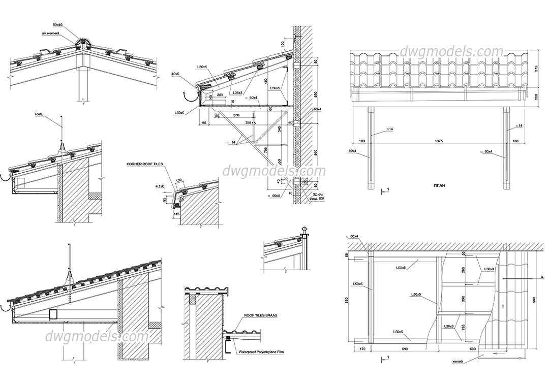 Details of Roof dwg, CAD Blocks, free download.