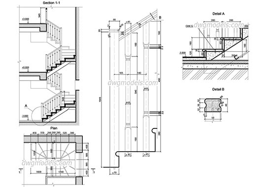 Wooden Staircase - DWG, CAD Block, drawing
