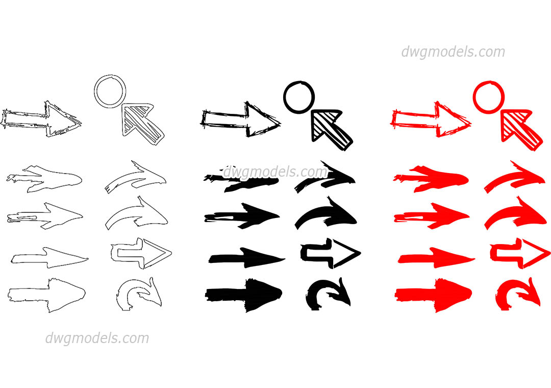 Freehand Sketch Arrow Icon Set dwg, CAD Blocks, free download.