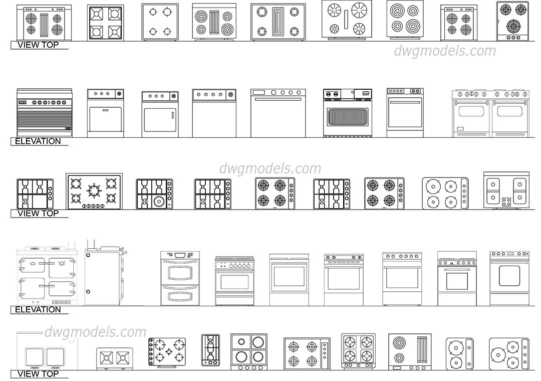 Ovens, Hot Plates, Burners dwg, CAD Blocks, free download.