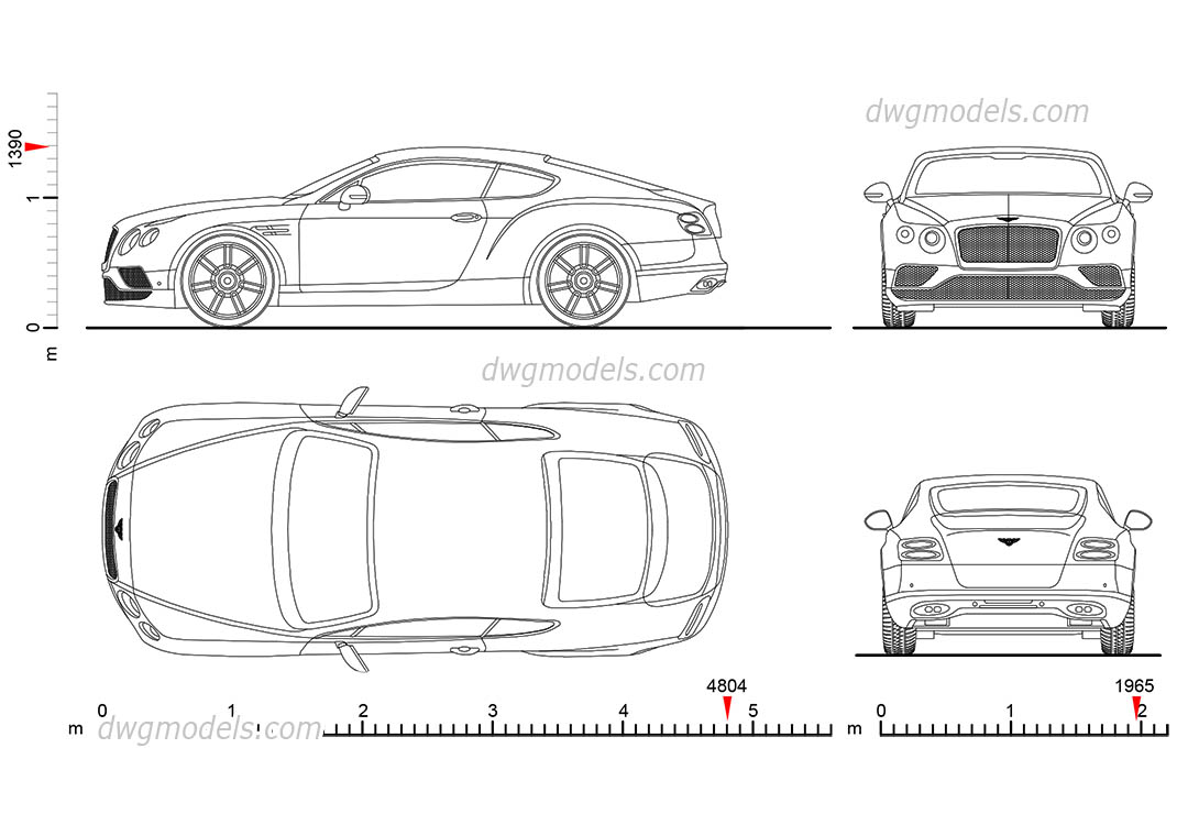 cad 2d model car Bentley dimensions, AutoCAD GT drawings Continental